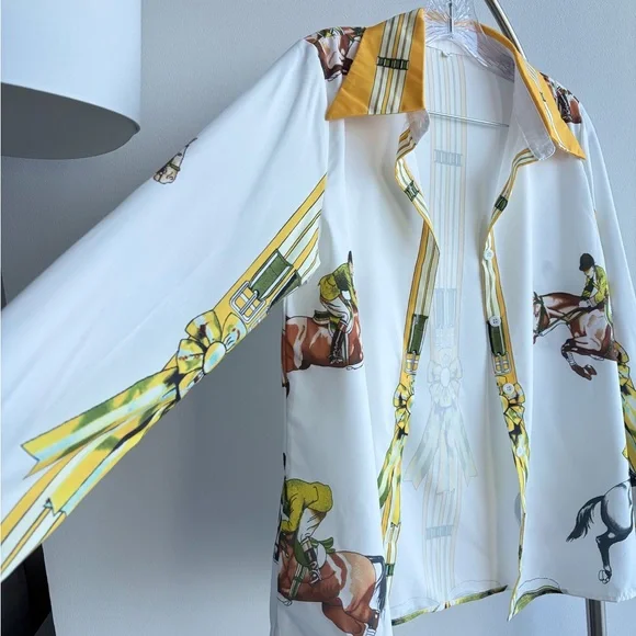 Equestrian Print Button Down Shirt - Yellow and White - Picture 3 of 6